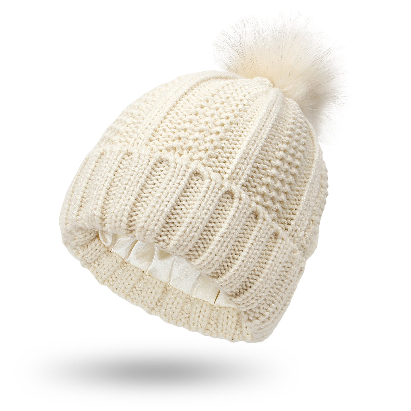 Gorro de Punto con Pompón de Piel Sintética – Forro de Satén para Mujer