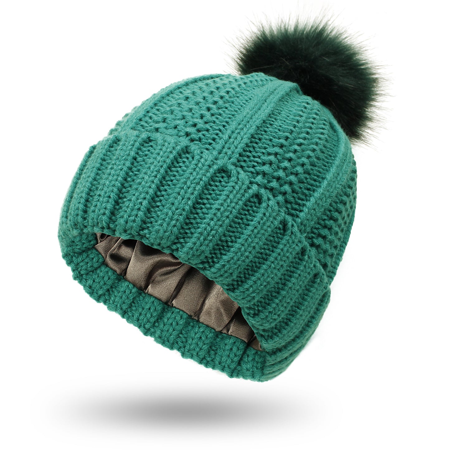 Gorro de Punto con Pompón de Piel Sintética – Forro de Satén para Mujer