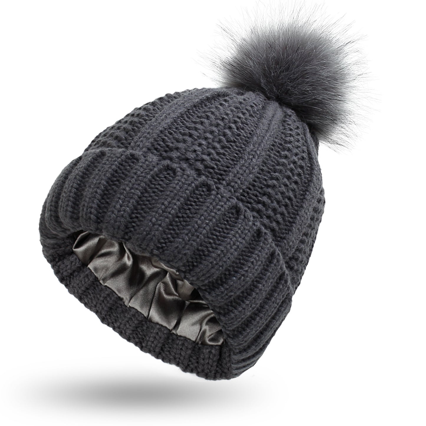 Gorro de Punto con Pompón de Piel Sintética – Forro de Satén para Mujer