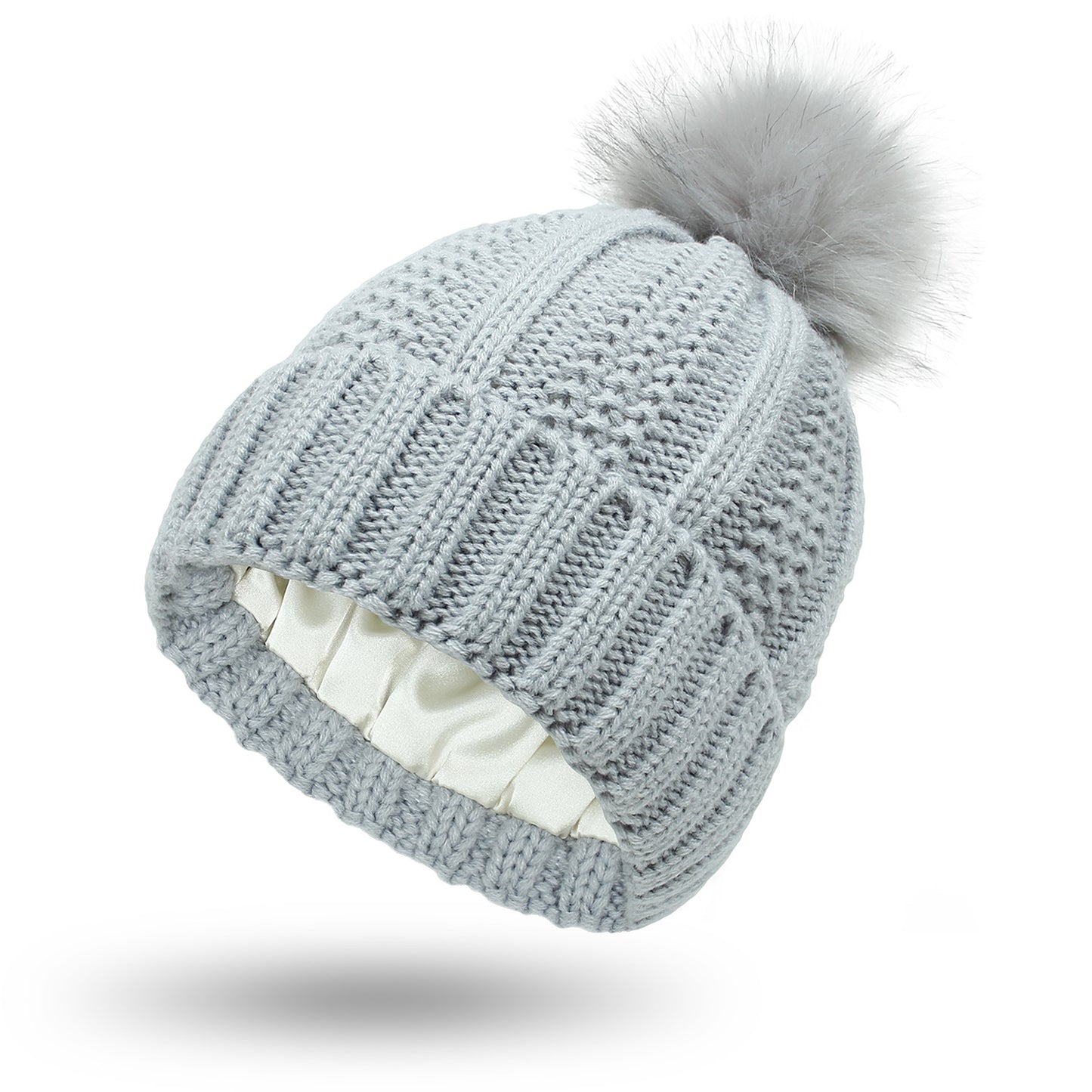 Gorro de Punto con Pompón de Piel Sintética – Forro de Satén para Mujer