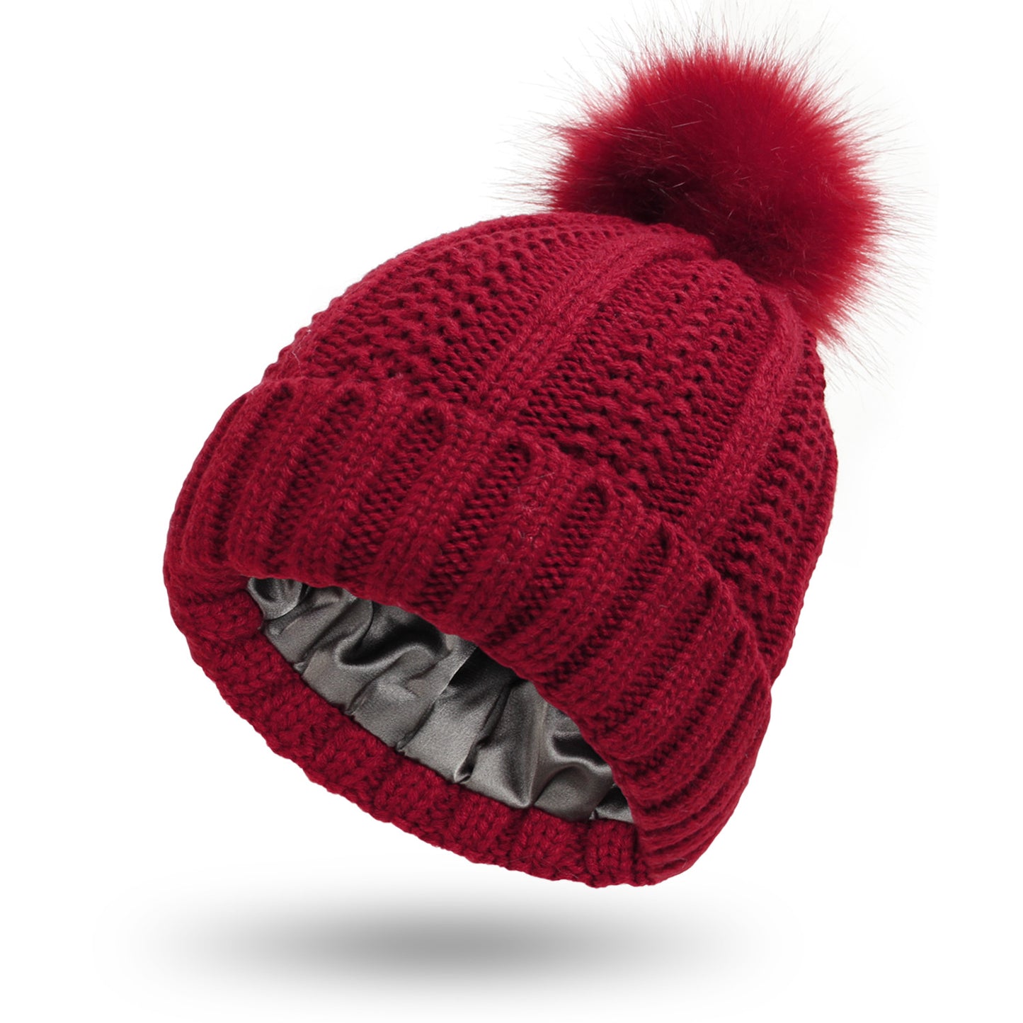 Gorro de Punto con Pompón de Piel Sintética – Forro de Satén para Mujer