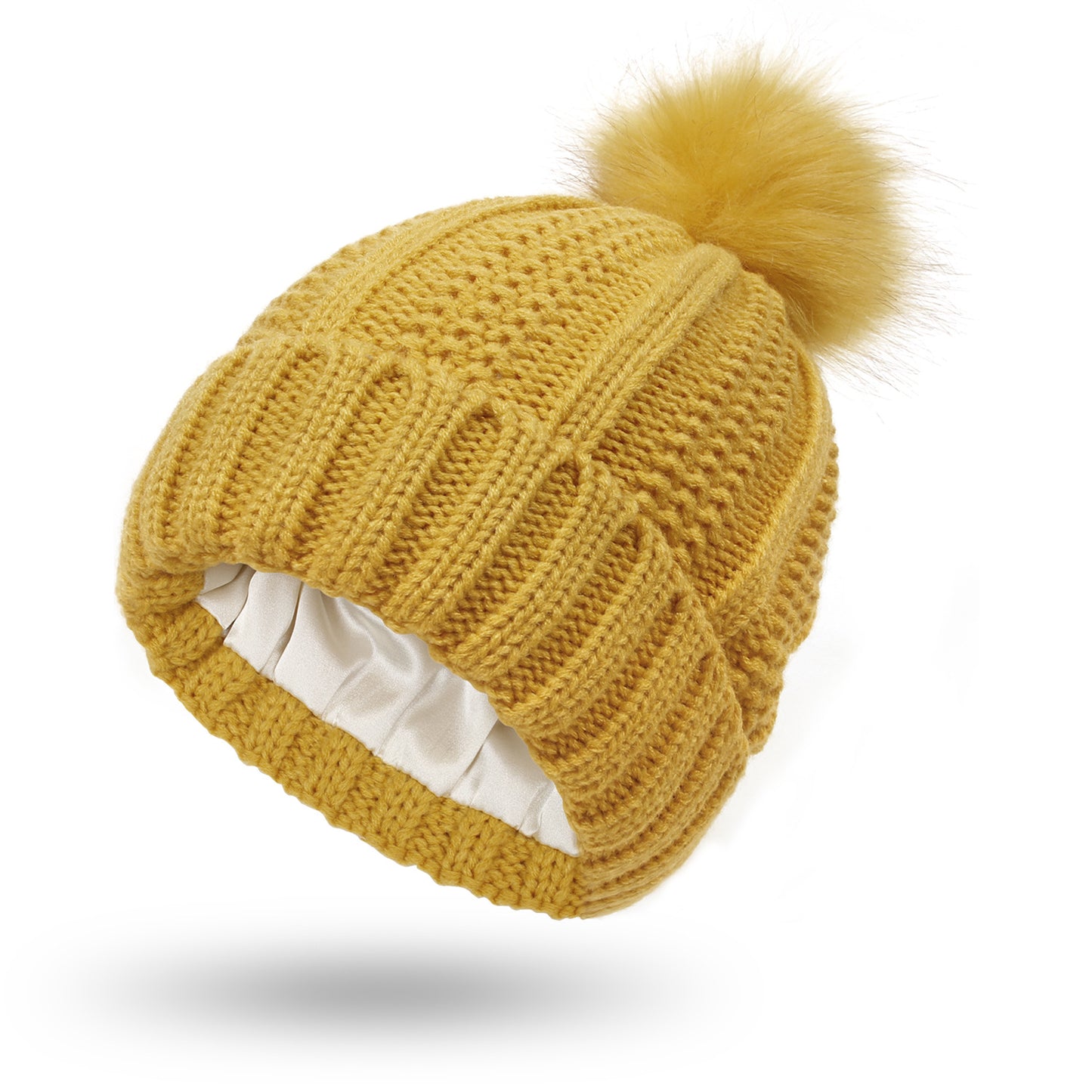 Gorro de Punto con Pompón de Piel Sintética – Forro de Satén para Mujer